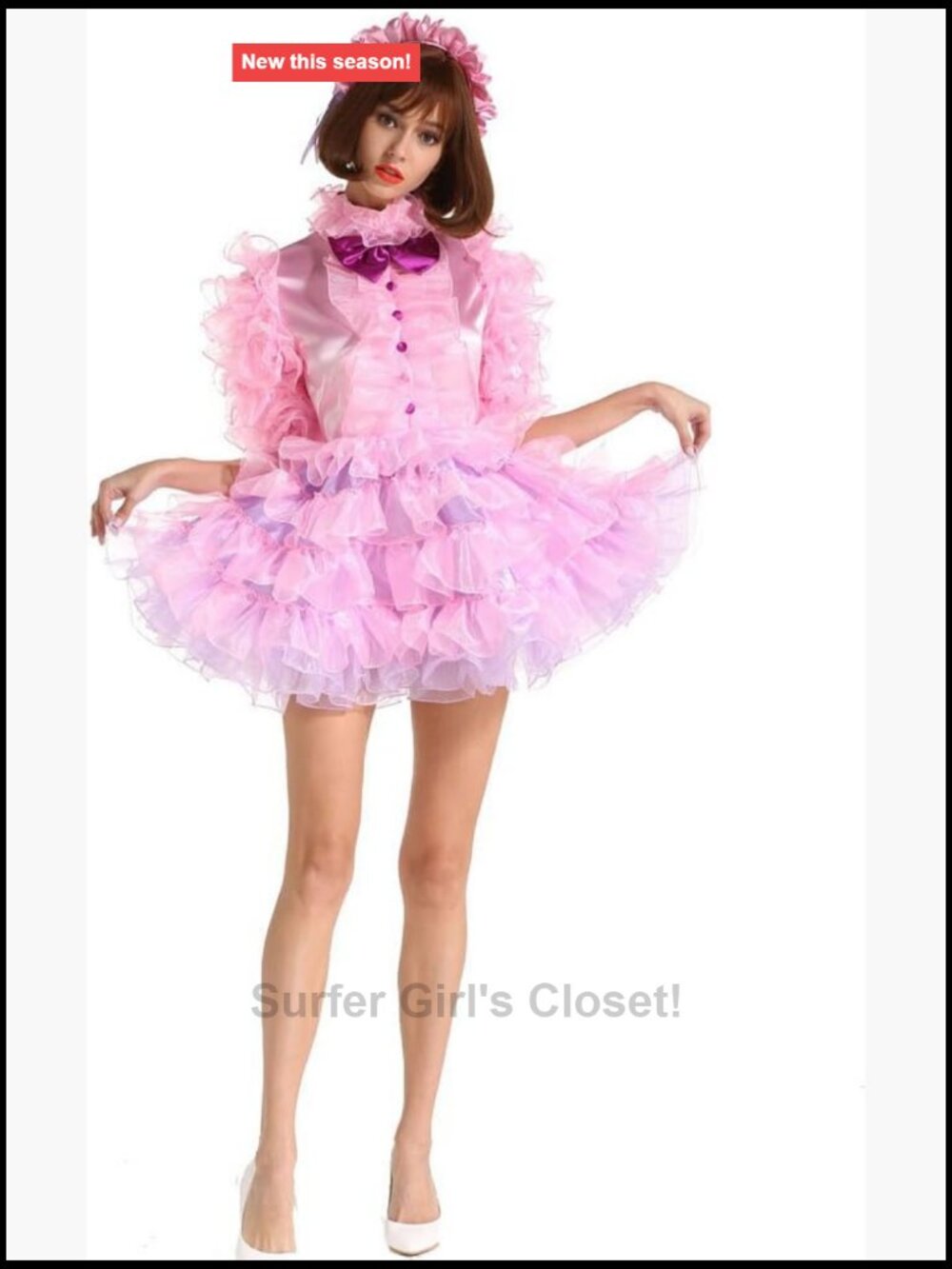 Pink Satin Maid Dress Uniform with Headpiece and Lock, Puffy Half Sleeve,